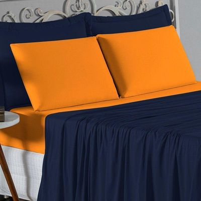 Jogo De Cama Casal Viúva Nobre 4 Peças Malha 100% Algodão - Azul-marinho / Laranja
