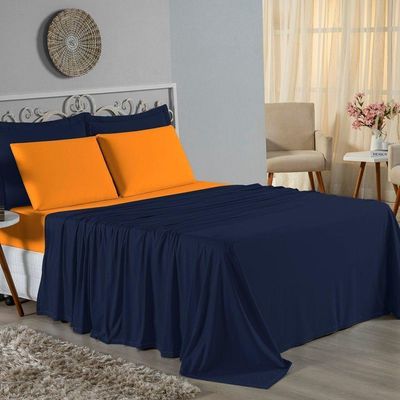 Jogo De Cama Casal Viúva Nobre 4 Peças Malha 100% Algodão - Azul-marinho / Laranja