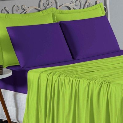 Jogo De Cama Casal Nobre 4 Peças Lençol Com Elástico De 30cm De Altura Malha 100% Algodão - Pistache / Roxo
