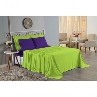 Jogo De Cama Casal Nobre 4 Peças Lençol Com Elástico De 30cm De Altura Malha 100% Algodão - Pistache / Roxo