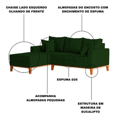Sofá 3 Lugares Beny Com Chaise Esquerdo Suede Verde