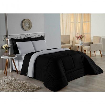 Kit Edredom Dupla Face + Jogo De Lençol Queen Nobre 6 Peças Malha 100% Algodão - Preto / Cinza