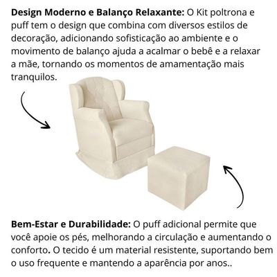Poltrona Amamentação Reforçada Balanço Puff Lile Corino Bege