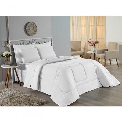 Kit Edredom Dupla Face + Jogo De Lençol Casal Viúva Nobre 7 Peças Malha 100% Algodão - Branco
