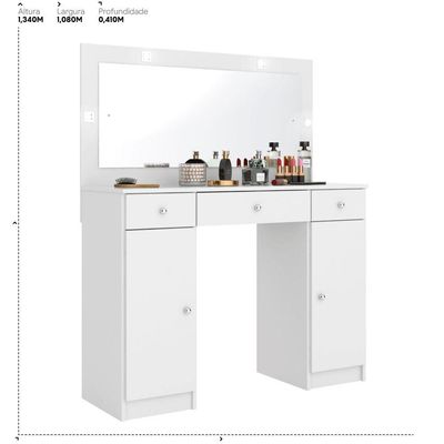 Penteadeira Camarim Carisma 3 Gavetas com Espelho LED MDP Branco Brilhante