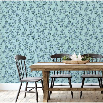 Rolo Vinílico Autoadesivo Removível Impermeável com Estampa de Rosa Inspirada na Natureza para Paredes, Armários e Cômoda, Azul - S4sassy 63,5 cm (L) × 609,6 cm (C) / Azul - Vinil Liso