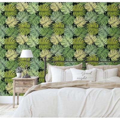 Revestimento Vinílico Autoadesivo Degradê Palmas Tropicais Verde, Impermeável, Removível para Quartos, Salas, Locação e Armários - S4Sassy 63,5 cm (L) × 304,8 cm (C) / Verde - Vinil Liso