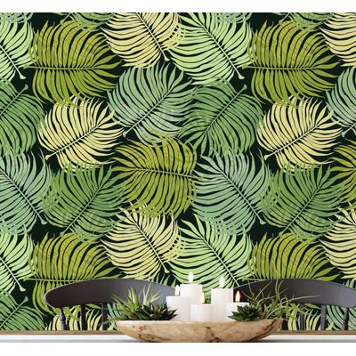 Revestimento Vinílico Autoadesivo Degradê Palmas Tropicais Verde, Impermeável, Removível para Quartos, Salas, Locação e Armários - S4Sassy 63,5 cm (L) × 304,8 cm (C) / Verde - Vinil Liso
