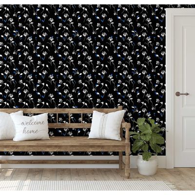 Papel de Parede Autocolante Vinílico Impermeável, Estampa Floral, Preto, Removível, Ideal para Inquilinos, Quarto/Sala/Jantar - S4sassy 63,5 cm (L) × 304,8 cm (C) / Preto - Vinil Texturizado