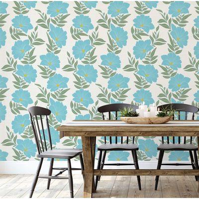 Papel de Parede Autoadesivo Azul Floral com Folhagem, Vinil Impermeável Removível, Para Quarto e Sala de Jantar - S4sassy 63,5 cm (L) × 914,4 cm (C) / Azul - Vinil Liso