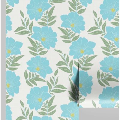 Papel de Parede Autoadesivo Azul Floral com Folhagem, Vinil Impermeável Removível, Para Quarto e Sala de Jantar - S4sassy 63,5 cm (L) × 914,4 cm (C) / Azul - Vinil Liso