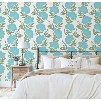 Papel de Parede Autoadesivo Azul Floral com Folhagem, Vinil Impermeável Removível, Para Quarto e Sala de Jantar - S4sassy 63,5 cm (L) × 914,4 cm (C) / Azul - Vinil Liso