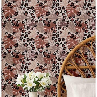 Papel de Parede Folha Tropical com Manchas de Onça - Revestimento Removível Vinil Autoadesivo DIY para Quarto e Sala Marrom - S4Sassy 63,5 cm (L) × 152,4 cm (C) / Marrom - Vinil Texturizado