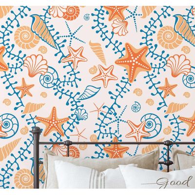 Papel de Parede Vinílico Autoadesivo Removível Estrelas-do-Mar e Conchas Lúdicas, Mural Laranja para Banheiro Lavanderia e Closet - S4Sassy 63,5 cm (L) × 152,4 cm (C) / Laranja - Vinil Texturizado