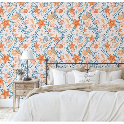 Papel de Parede Vinílico Autoadesivo Removível Estrelas-do-Mar e Conchas Lúdicas, Mural Laranja para Banheiro Lavanderia e Closet - S4Sassy 63,5 cm (L) × 152,4 cm (C) / Laranja - Vinil Texturizado