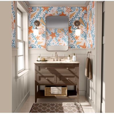 Papel de Parede Vinílico Autoadesivo Removível Estrelas-do-Mar e Conchas Lúdicas, Mural Laranja para Banheiro Lavanderia e Closet - S4Sassy 63,5 cm (L) × 152,4 cm (C) / Laranja - Vinil Texturizado