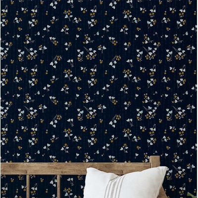 Papel de Parede Autoadesivo Removível Floral Petite Midnight Azul Mural Instantâneo para Quarto Banheiro Lavanderia Closet - S4Sassy 63,5 cm (L) × 304,8 cm (C) / Azul - Vinil Liso
