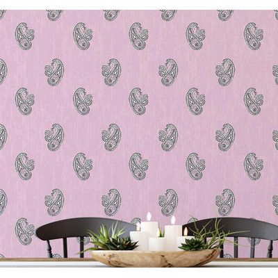 Papel de Parede Vinílico Autoadesivo Instantâneo Removível Buta Paisley - Mural Asiático para Banheiro, Lavanderia e Closet Rosa - S4Sassy 63,5 cm (L) × 152,4 cm (C) / Rosa - Vinil Liso