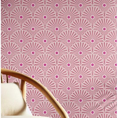 Revestimento de Parede Autoadesivo Removível Leque Floral Art Déco em Vinil Rosa para Quarto, Banheiro, Lavanderia, Closet - S4Sassy 63,5 cm (L) × 152,4 cm (C) / Rosa - Vinil Texturizado