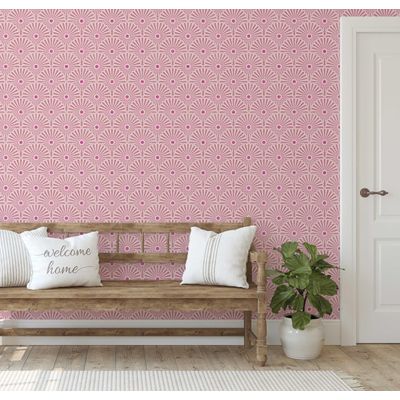 Revestimento de Parede Autoadesivo Removível Leque Floral Art Déco em Vinil Rosa para Quarto, Banheiro, Lavanderia, Closet - S4Sassy 63,5 cm (L) × 152,4 cm (C) / Rosa - Vinil Texturizado