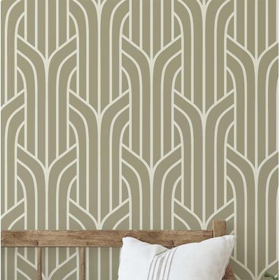 Papel de Parede Vinílico Autoadesivo Art Déco Streamline Impermeável Verde Removível para Quartos e Salas - S4Sassy 63,5 cm (L) × 152,4 cm (C) / Verde - Vinil Texturizado