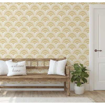 Papel de Parede Efeito Leque Estilo Asiático Autoadesivo Decorativo Fácil DIY para Quarto e Sala - Amarelo - S4Sassy 63,5 cm (L) × 152,4 cm (C) / Amarelo - Vinil Texturizado