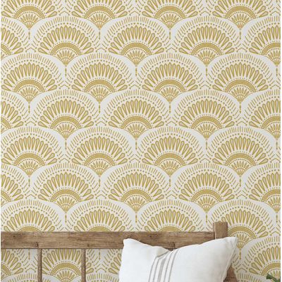 Papel de Parede Efeito Leque Estilo Asiático Autoadesivo Decorativo Fácil DIY para Quarto e Sala - Amarelo - S4Sassy 63,5 cm (L) × 152,4 cm (C) / Amarelo - Vinil Texturizado