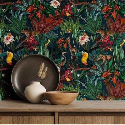 Papel de Parede Vinílico Autoadesivo e Removível Safari Exótico Chic À Prova d'Água Multicolorido para Quartos e Locatários - S4Sassy 63,5 cm (L) × 152,4 cm (C) / Multicolorido - Vinil Texturizado