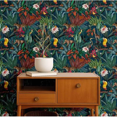 Papel de Parede Vinílico Autoadesivo e Removível Safari Exótico Chic À Prova d'Água Multicolorido para Quartos e Locatários - S4Sassy 63,5 cm (L) × 152,4 cm (C) / Multicolorido - Vinil Texturizado