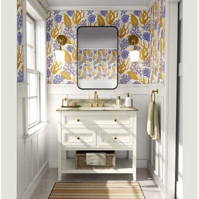 Papel de Parede Vinílico Autoadesivo Removível - Algas e Conchas Marinhas Amarelas, Mural para Banheiro e Lavanderia - S4Sassy 63,5 cm (L) × 152,4 cm (C) / Amarelo - Vinil Texturizado