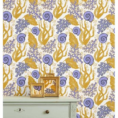 Papel de Parede Vinílico Autoadesivo Removível - Algas e Conchas Marinhas Amarelas, Mural para Banheiro e Lavanderia - S4Sassy 63,5 cm (L) × 914,4 cm (C) / Amarelo - Vinil Liso