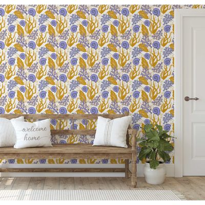 Papel de Parede Vinílico Autoadesivo Removível - Algas e Conchas Marinhas Amarelas, Mural para Banheiro e Lavanderia - S4Sassy 63,5 cm (L) × 914,4 cm (C) / Amarelo - Vinil Liso
