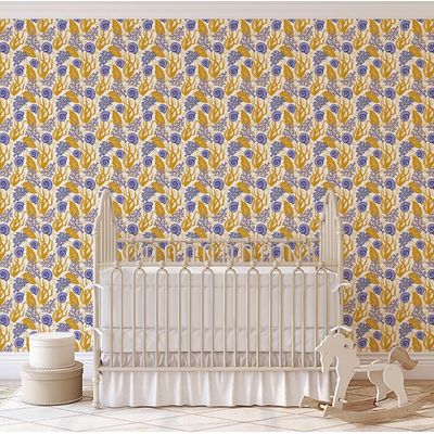 Papel de Parede Vinílico Autoadesivo Removível - Algas e Conchas Marinhas Amarelas, Mural para Banheiro e Lavanderia - S4Sassy 63,5 cm (L) × 914,4 cm (C) / Amarelo - Vinil Liso