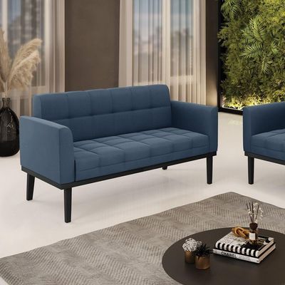 Sofá Namoradeira 2 Lugares Base De Madeira Preto Elisa Suede Azul Marinho D03 - D'rossi