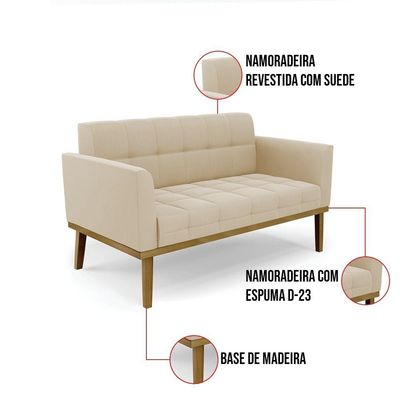 Sofá Namoradeira 2 Lugares Base De Madeira Castanho Elisa Suede Bege D03 - Drossi