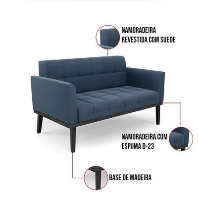 Sofá Namoradeira 2 Lugares Base De Madeira Preto Elisa Suede Azul Marinho D03 - D'rossi