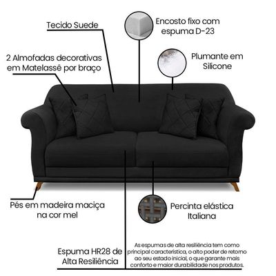 Sofá 2 Lugares Pé De Madeira Julieta 160 Cm Suede Preto S04 - D'rossi