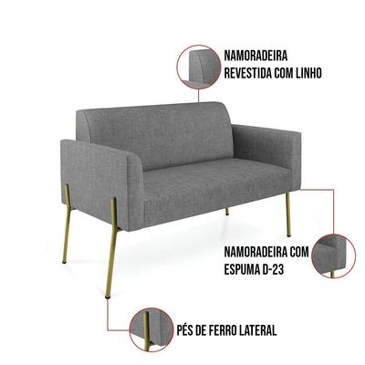 Sofá Namoradeira 2 Lugares Pé De Ferro Dourado Marisa Linho Grafite D03