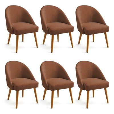 Kit 06 Cadeiras Poltrona De Jantar Estofada Luna Boucle Terracota Pés Palito Castanho - Pallazio