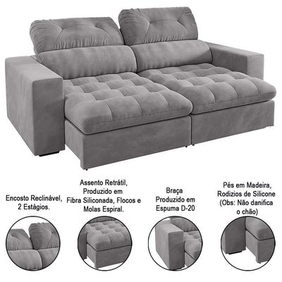 Sofá Retrátil E Reclinável 3 Lugares 200cm Viena A12 Suede Cinza - Mpozenato