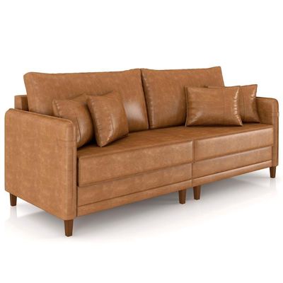 Sofá 3 Lugares Living 232cm Pé Madeira Zoe Sintético Camel Z08 - Mpozenato