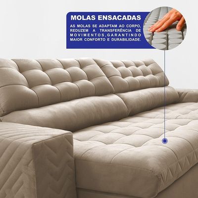 Sofá Retrátil E Reclinável 2,50m Molas Ensacadas Max Spring. Velusoft Cama Inbox Bege