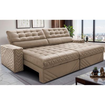 Sofá Retrátil E Reclinável 2,50m Molas Ensacadas Max Spring. Velusoft Cama Inbox Bege