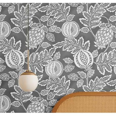Papel de Parede Botânico Romã Cinza Vinílico Autoadesivo Fácil Faça-Você-Mesmo para Quarto Estilo Fazenda, Armários e Ambientes - S4Sassy 63,5 cm (L) × 304,8 cm (C) / Cinza - Vinil Liso