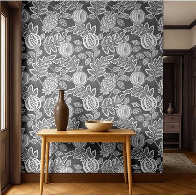 Papel de Parede Botânico Romã Cinza Vinílico Autoadesivo Fácil Faça-Você-Mesmo para Quarto Estilo Fazenda, Armários e Ambientes - S4Sassy 63,5 cm (L) × 304,8 cm (C) / Cinza - Vinil Liso