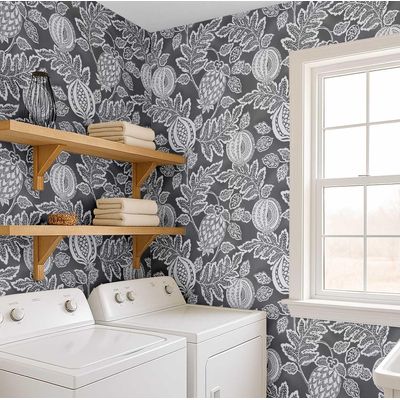 Papel de Parede Botânico Romã Cinza Vinílico Autoadesivo Fácil Faça-Você-Mesmo para Quarto Estilo Fazenda, Armários e Ambientes - S4Sassy 63,5 cm (L) × 304,8 cm (C) / Cinza - Vinil Liso