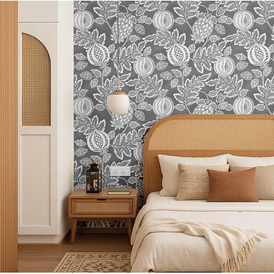 Papel de Parede Botânico Romã Cinza Vinílico Autoadesivo Fácil Faça-Você-Mesmo para Quarto Estilo Fazenda, Armários e Ambientes - S4Sassy 63,5 cm (L) × 304,8 cm (C) / Cinza - Vinil Liso