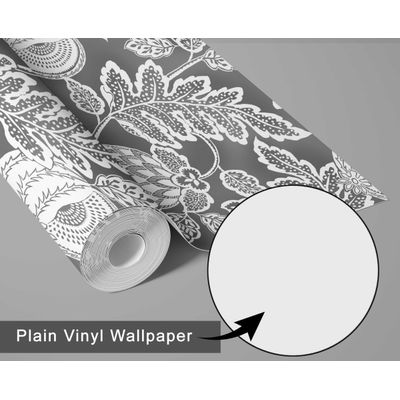 Papel de Parede Botânico Romã Cinza Vinílico Autoadesivo Fácil Faça-Você-Mesmo para Quarto Estilo Fazenda, Armários e Ambientes - S4Sassy 63,5 cm (L) × 304,8 cm (C) / Cinza - Vinil Liso
