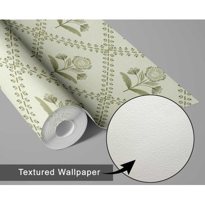 Revestimento Autoadesivo Removível Floral Diagonal Buti, Mural Estilo Asiático Para Banheiro, Lavanderia e Armário, Vinil Verde - S4Sassy 63,5 cm (L) × 304,8 cm (C) / Verde - Vinil Texturizado