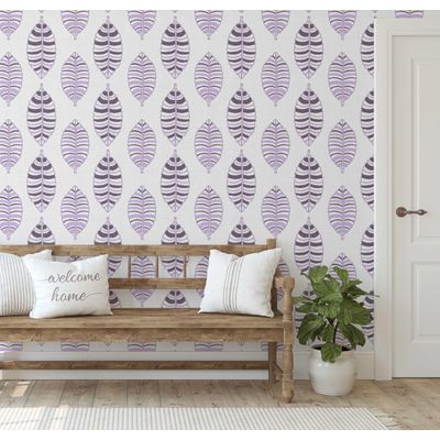 Papel de Parede Vinílico Autoadesivo Folhas Listradas Chic Impermeável Roxo, Removível p/ Quartos, Salas, Locação e Armários - S4Sassy 63,5 cm (L) × 304,8 cm (C) / Roxo - Vinil Texturizado
